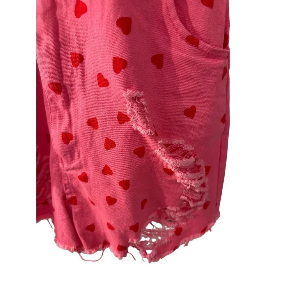 Mainstrip Romeo Heart Denim Distressed Romper Pink with Red Hearts Size S EUC